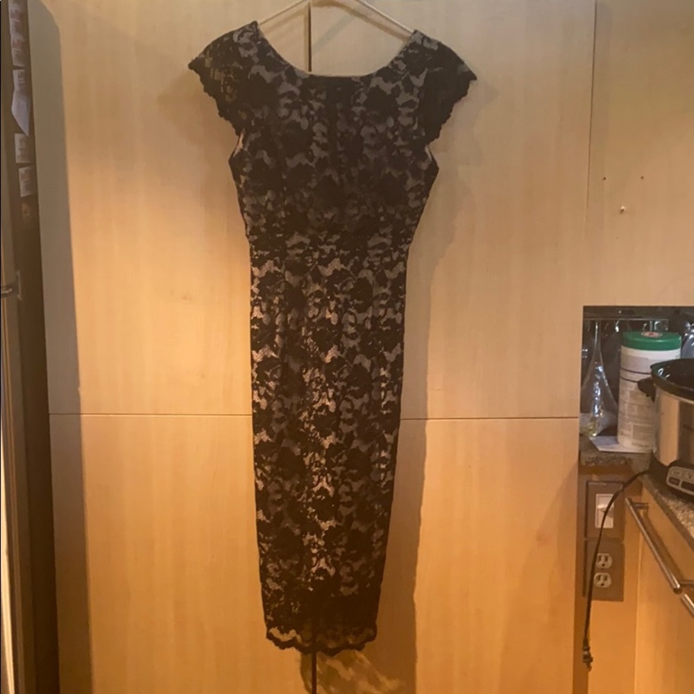 Black & tan lace midi dress